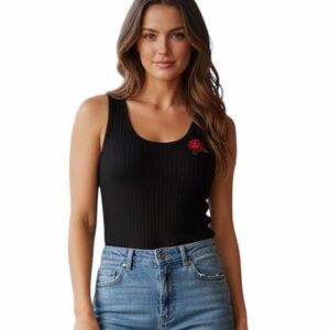 Chic Ribbed Black Embroidered Rose Tank Top Sz Small